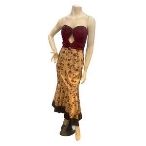 NEW LA PATEAU strapless floral satin dress in beige/red